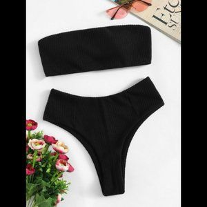 SHEIN Ribbed Bandeau High Waisted Bikini Swimsuit